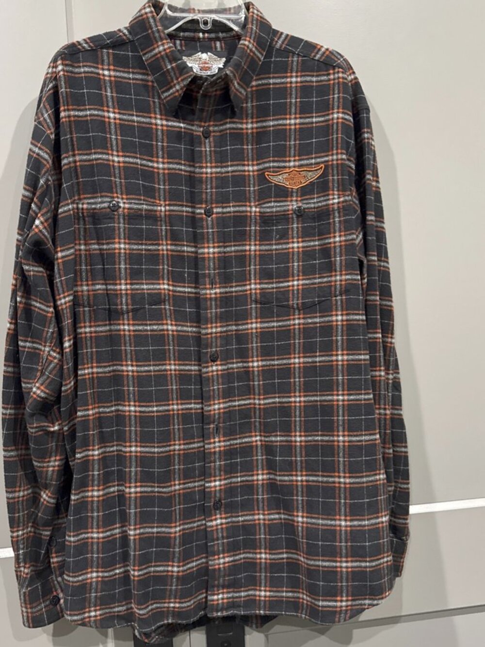 Harley-Davidson Flannel Shirt Black Orange Grey Plaid Button Up Long Sleeve LT